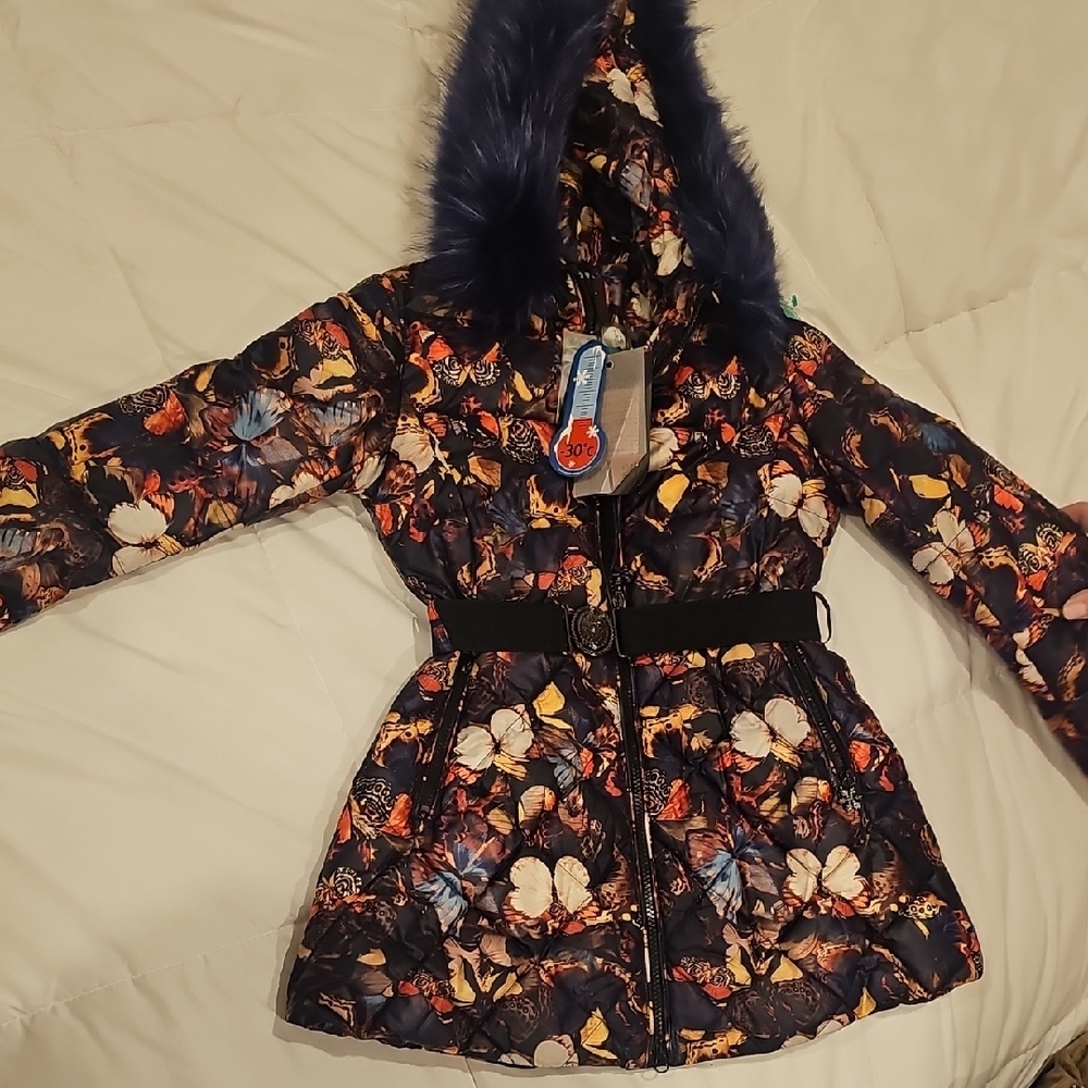 Lisa-Rella Floral Butterfly Hooded Jacket with Faux Fur Trim